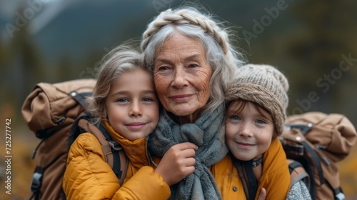 Grandmother-daughter-grandson bonding during hike Generative AI