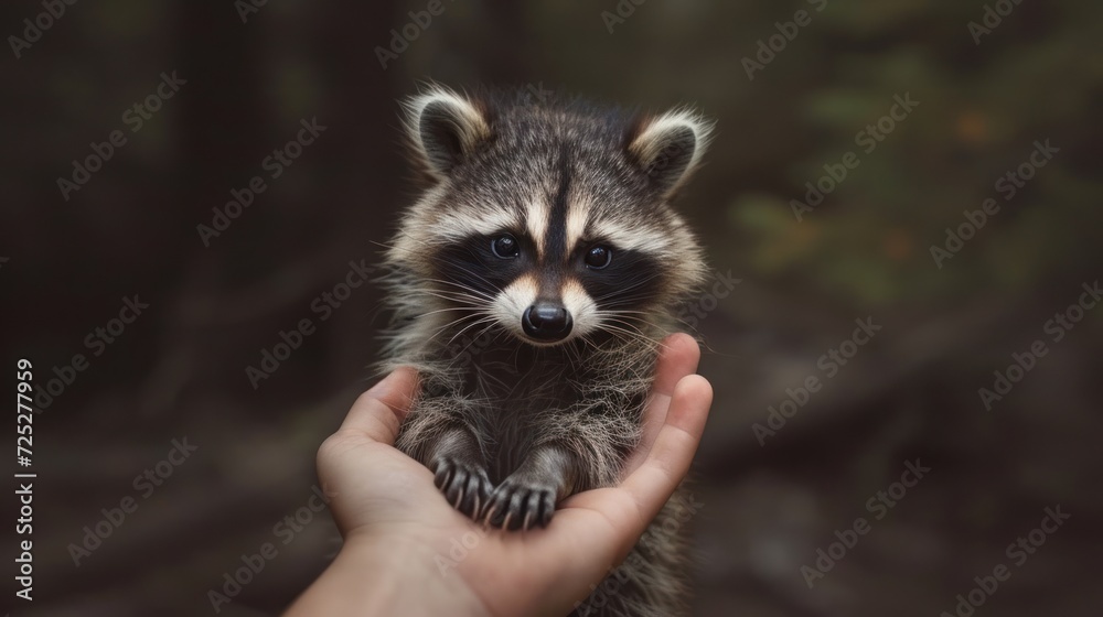  a small raccoon is being held in a person's hand in front of a blurry background.