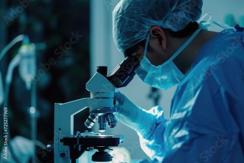 Surgeon performing surgery with microscope photo