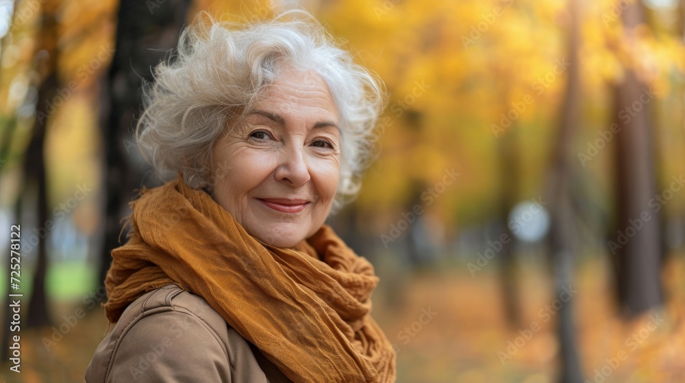 Portrait of senior woman smiling outdoor. Cheerful old woman in autumn park with copy space. Happy retired lady with grey hair and red beret smiling and looking away. Portrait of senior woman smiling outdoor. Cheerful old woman in autumn park with copy space. Happy retired lady with grey hair and red beret smiling and looking away.