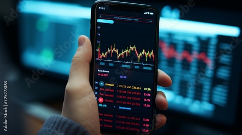 A close-up of a hand holding a smartphone displaying a stock trading app