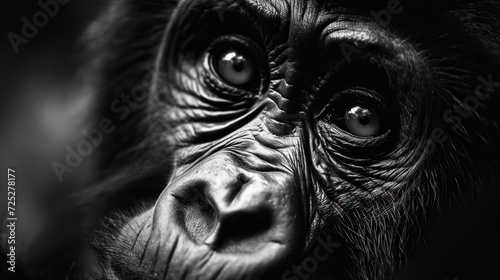  a close up of a monkey's face with a black and white photo of it's eyes and nose. © Olga