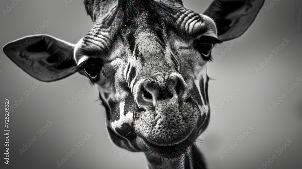 a close up of a giraffe's face with a black and white photo of the giraffe's head. a close up of a giraffe's face with a black and white photo of the giraffe's head.