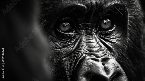  a close up of a monkey's face with a black and white photo of the gorilla's face.