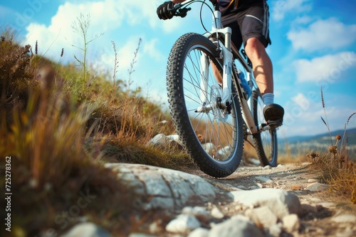 Young man riding bicycle on mountain trail sport