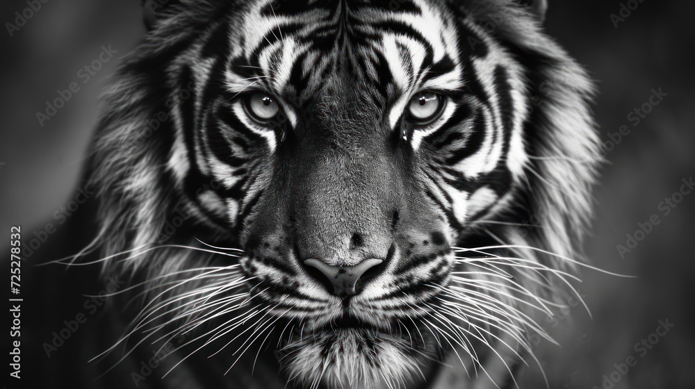  a close up of a tiger's face in a black and white photo with a blurry back ground.