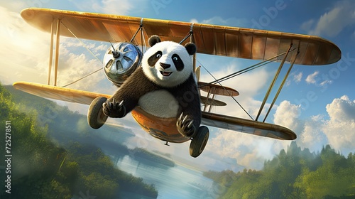 A panda pilot flying a bamboo biplane with precision and skill.