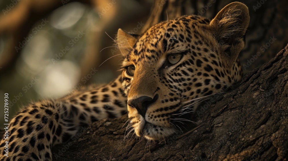 a close - up of a leopard resting in a tree with its head resting on the branch of a tree. a close - up of a leopard resting in a tree with its head resting on the branch of a tree.