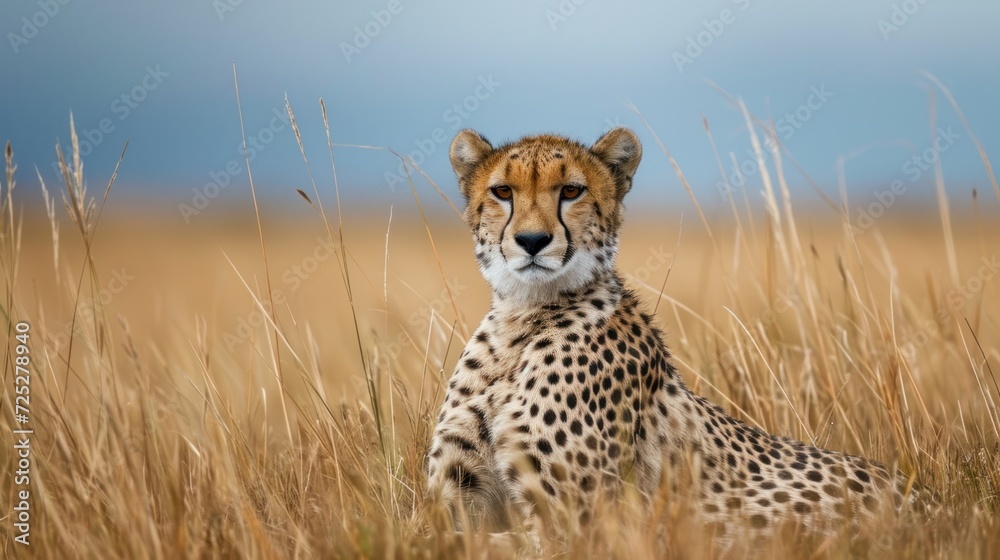 Obraz premium a cheetah sitting in the middle of a field of tall grass with a blue sky in the background.