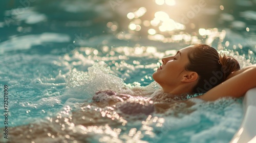 Side view portrait of a young woman in bikini relaxing floating in spa pool