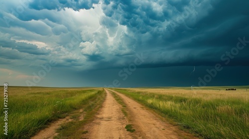  a dirt road in the middle of a grassy field under a dark sky with a few clouds in the distance.