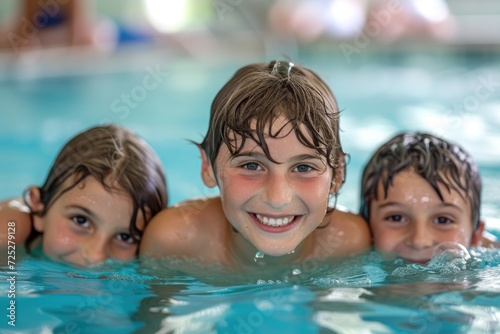 children having fun in swimming pool spending summer holidays