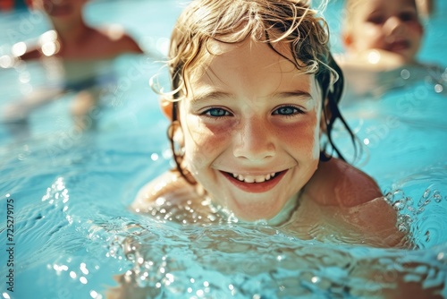 children having fun in swimming pool spending summer holidays