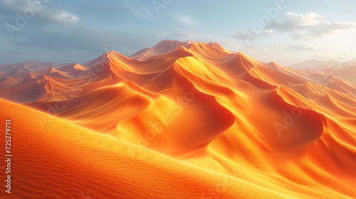  a computer generated image of a desert with sand dunes in the foreground and a mountain range in the background.