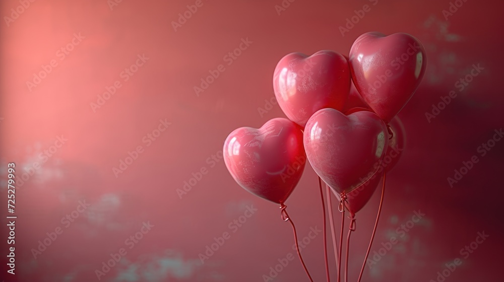  a bunch of heart - shaped balloons floating in the air on a pink background with a blurry sky in the background.