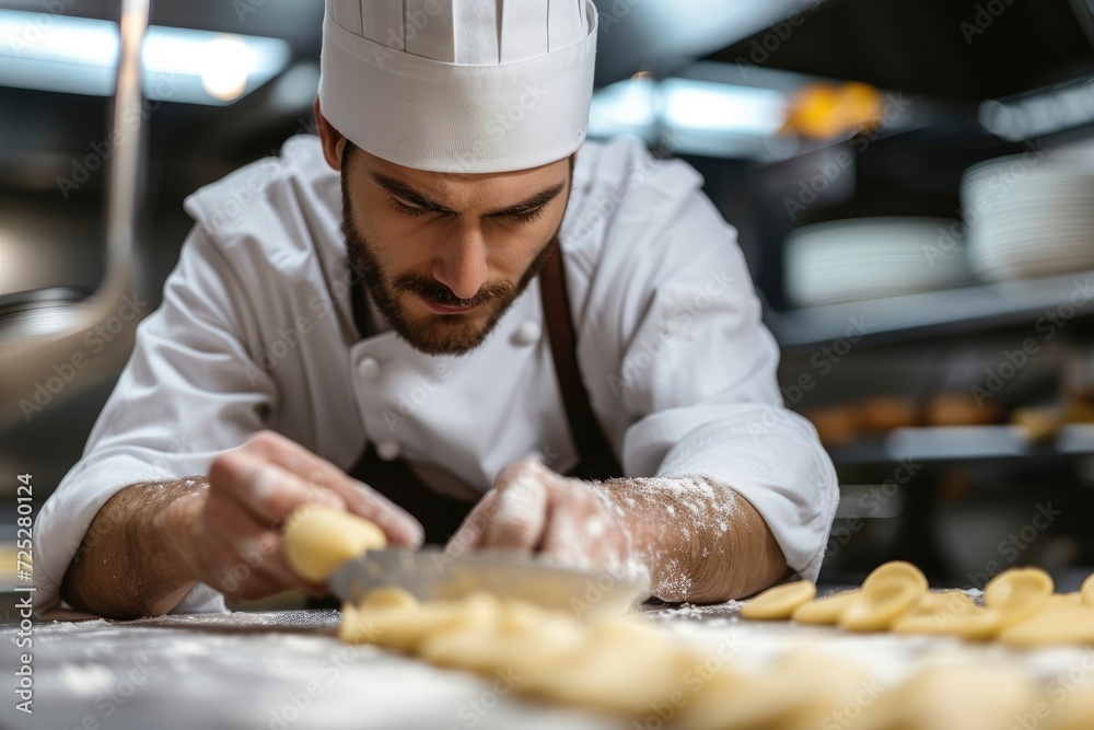 Focused Chef Cutting Dough for Pastry Focused Chef Cutting Dough for Pastry