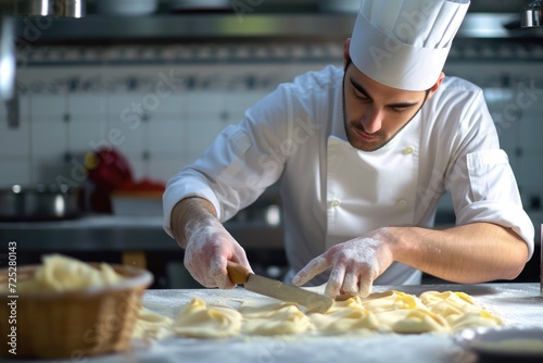 Focused Chef Cutting Dough for Pastry