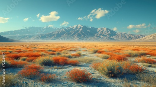  a desert landscape with a mountain range in the distance and red bushes in the foreground and a blue sky with clouds in the background.
