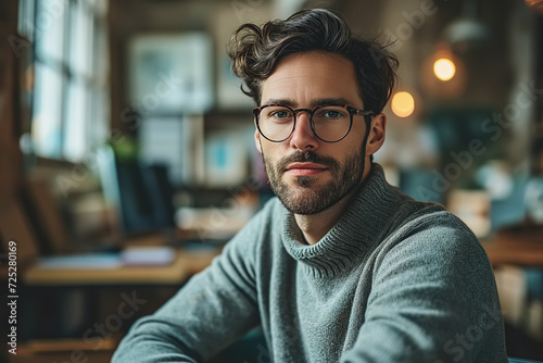 Portrait of a handsome adult man wearing glasses working indoors looking at the camera