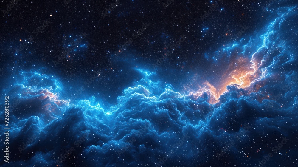  an image of a space scene with blue and orange clouds in the foreground and a star filled sky in the background.