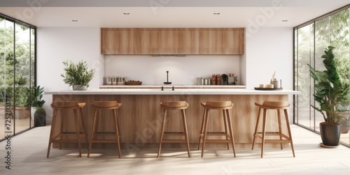  kitchen room with bar chairs and wooden cutting table, no people present.