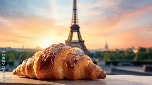 Food photo of a croissant with the Eiffel Tower in the background © Galib