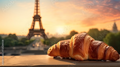 Food photo of a croissant with the Eiffel Tower in the background © Galib