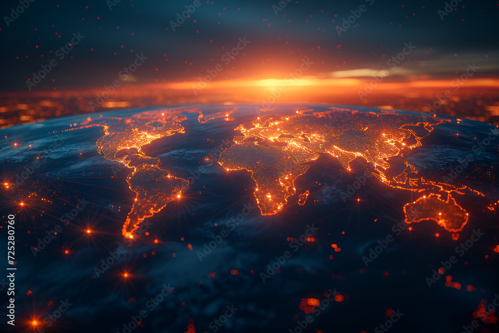A dynamic digital rendering of a world map with light trails. Created with generative AI.