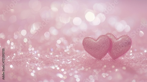  two pink heart shaped candies sitting on top of a pink glittery surface with boke of light in the background.