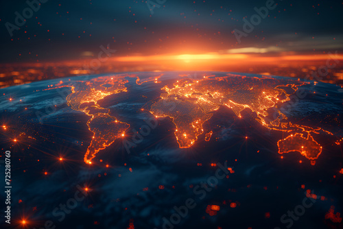 A dynamic digital rendering of a world map with light trails. Created with generative AI.