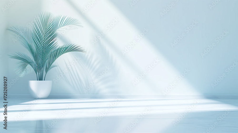 Minimalistic light background with Green Palm Leaves with Light and Shadow Effects. Beautiful background for Minimalist Tropical Plant Composition with White and Blue Tones
Minimalistic light background with Green Palm Leaves with Light and Shadow Effects. Beautiful background for Minimalist Tropical Plant Composition with White and Blue Tones