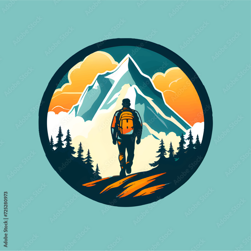 Logo design with mountain hiker camp tree line art icons 3 color