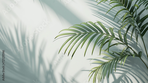 Minimalistic light background with Green Palm Leaves with Light and Shadow Effects. Beautiful background for Minimalist Tropical Plant Composition with White and Blue Tones 
