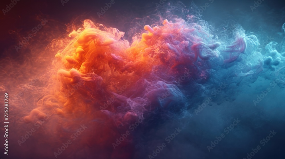  a colorful cloud of smoke in the shape of a heart on a blue, red, and orange smoke background.