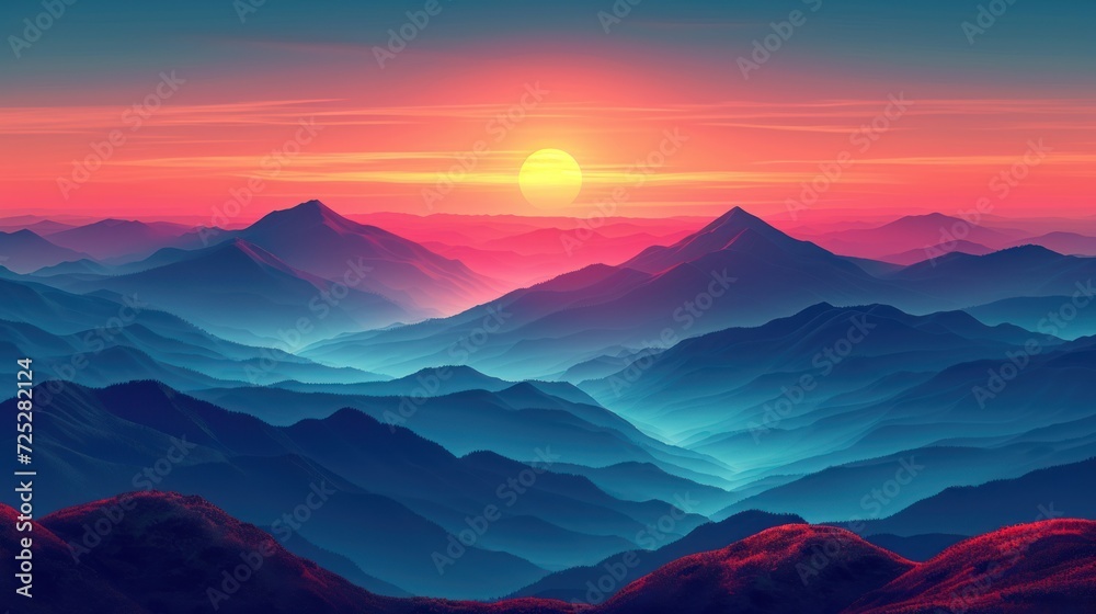  a painting of a mountain range with the sun rising over the mountains in the distance with a pink and blue sky.