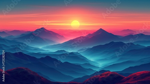  a painting of a mountain range with the sun rising over the mountains in the distance with a pink and blue sky.