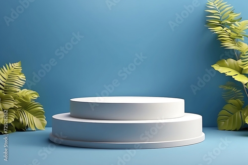 Product Showcase white podium on blue background  Realistic and High-Quality Render