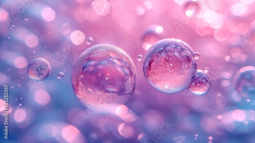  a group of bubbles floating on top of a blue and pink surface with a pink and blue sky in the background.
