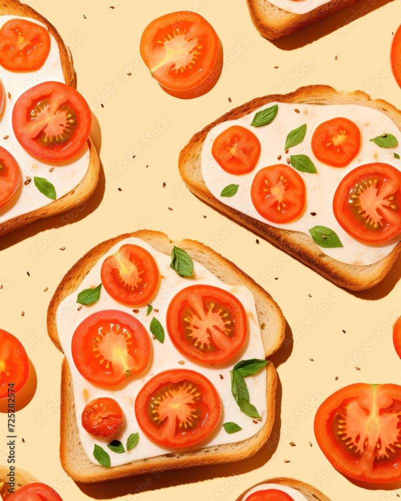 slices of toast with tomatoes and cream cheese on them on a yellow surface with a pattern of slices of toast with tomatoes and cream cheese on them. slices of toast with tomatoes and cream cheese on them on a yellow surface with a pattern of slices of toast with tomatoes and cream cheese on them.