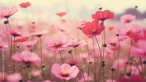 Pink and red cosmos flowers garden,Blurry to soft focus and retro film look new color intrend tone,generative ai © irvan