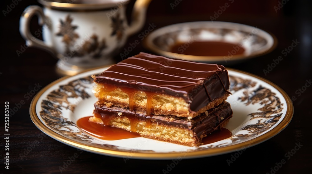 A caramel slice with a cup of tea