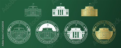 Set with logo Federal reserve building. FED, Economic policy, credit regulation, interest rate. Global market, macro economy. Developed capitalism. Vector illustration.