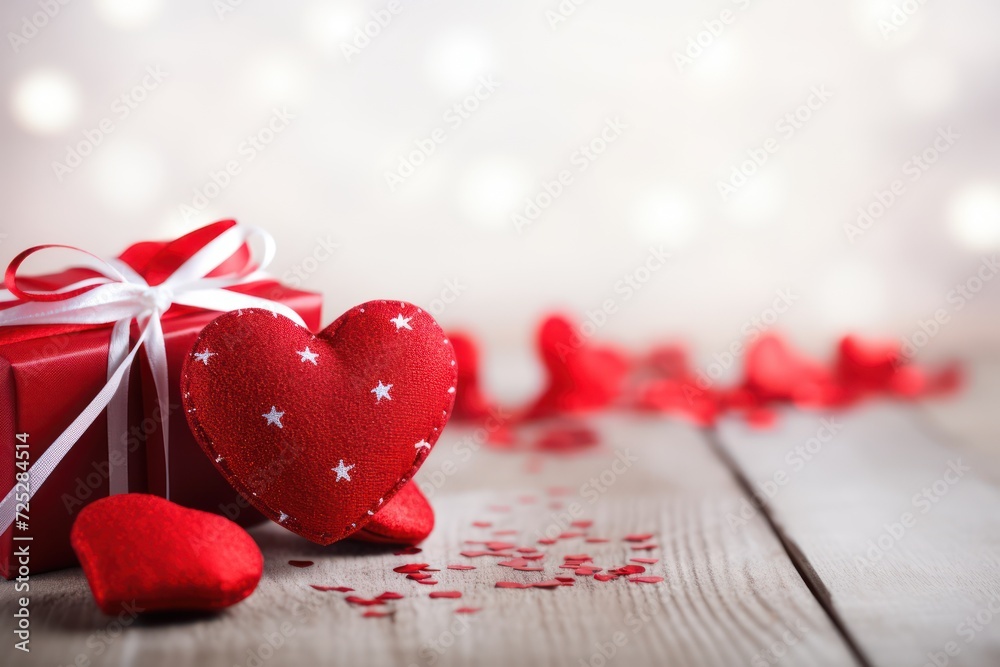 Red hearts on wooden bright background with gift box and decorated blurred lights for valentines day concept, greeting, anniversary, copy space card Red hearts on wooden bright background with gift box and decorated blurred lights for valentines day concept, greeting, anniversary, copy space card