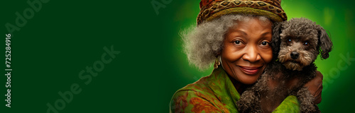 Banner with a portrait of ablack Woman with a The poodle on a green background photo
