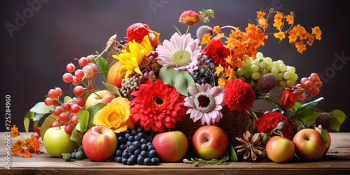 Colorful autumnal flower arrangement with fruits on wooden table.