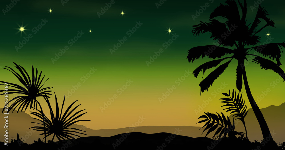 Fototapeta premium Palm trees silhouette against a sunset and starry sky, capturing a tranquil tropical vibe.