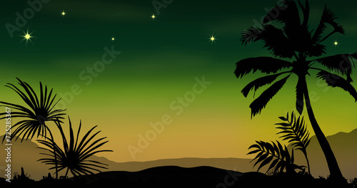 Fototapeta Naklejka Na Ścianę i Meble -  Palm trees silhouette against a sunset and starry sky, capturing a tranquil tropical vibe.