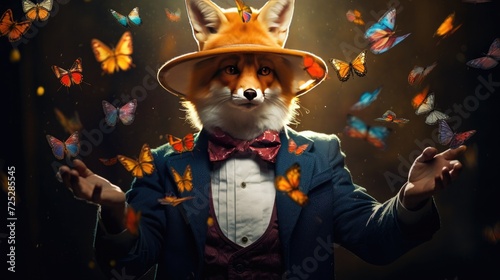 A fox magician conjures colorful butterflies from a miniature hat.