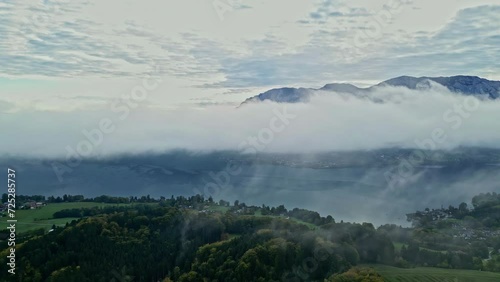 The view grabs your attention, showing a dreamy world with tall mountains, green landscapes, and fluffy clouds in the sky. It's Attersee in Austria photo