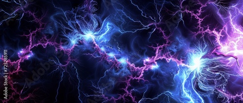 Fractal lightning, with branching electric blue and purple patterns, resembling a neural network or lightning strikes